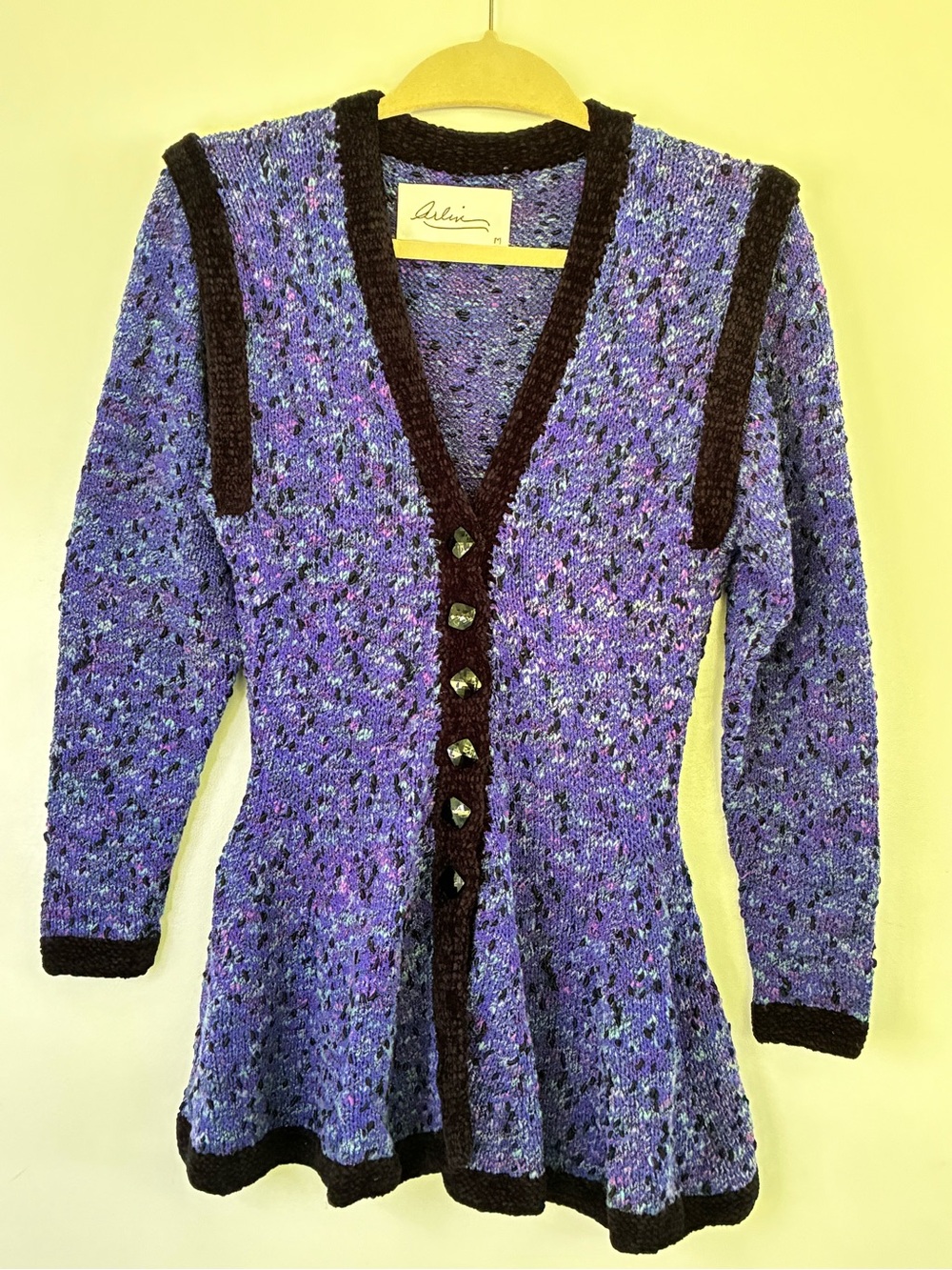 Vintage 80s ARLIN Hand Knit Silk Blend Peplum Cardigan Jacket Velvet Trim M